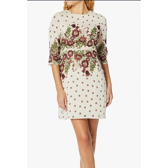 Gabby Skye Dress Womens 10 Ivory Burgundy Floral Embroidered Sheath 3/4 Sleeve - Picture 1 of 9
